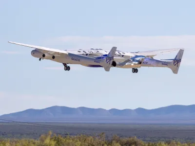 Virgin Galactic's mothership Eve, carrying the rocket-powered plane Unity 22, takes off from Spaceport America, near Truth or Consequences, N.M., Thursday, Aug. 10, 2023. Virgin Galactic is taking its first space tourists on a long-delayed rocket ship ride. (AP Photo/Andrés Leighton)