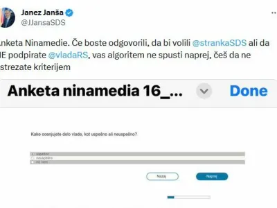 Janez Janša je na omrežju X Ninamedii očital izločanje podpornikov SDS iz javnomnenjske ankete.