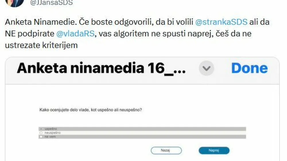 Janez Janša je na omrežju X Ninamedii očital izločanje podpornikov SDS iz javnomnenjske ankete.