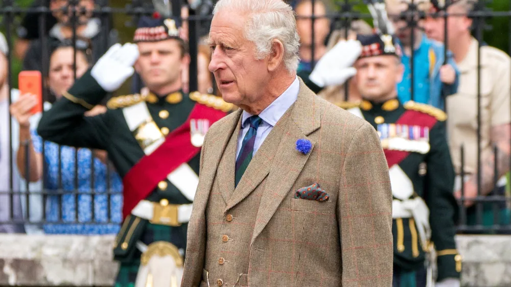 Britain's King Charles inspects Balaklava Company, 5th Battalion, The Royal Regiment of Scotland, at the gates of Balmoral, as he takes up summer residence at the castle in Balmoral Estate, Scotland, Britain, August 21, 2023. Jane Barlow/Pool via REUTERS