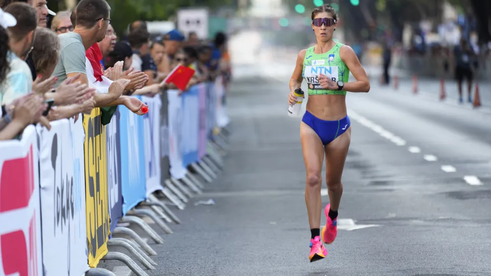 Neja Krsinar, of Slovenia, competes in the women's marathon during the World Athletics Championships in Budapest, Hungary, Saturday, Aug. 26, 2023. (AP Photo/Ashley Landis)