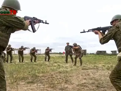 FILE - In this image from video provided by the Belarusian Defense Ministry via VoenTV on Friday, July 14, 2023, Belarusian soldiers attend a training by mercenary fighters from Wagner private military company near Tsel village, about 90 kilometers (about 55 miles) southeast of Minsk, Belarus. After Yevgeny Prigozhin's daylong mutiny against Russia's military leadership, the Kremlin cut a deal for him to move to Belarus. A camp for his fighters was erected there, and they trained together with the Belarusian military. Prigozhin in the meantime moved freely between Belarus, Russia and apparently Africa. (Belarusian Defense Ministry via VoenTV via AP, File)