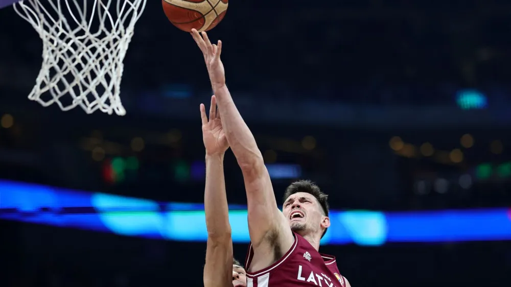 Basketball - FIBA World Cup 2023 - Classification Games 5-6 - Latvia v Lithuania - Mall of Asia Arena, Manila, Philippines - September 9, 2023 Latvia's Rodions Kurucs in action REUTERS/Eloisa Lopez