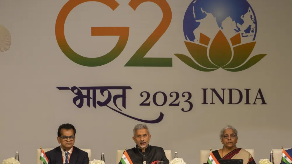 India's Finance Minister Nirmala Sitharaman, right, and G20 summit sherpa Amitabh Kant, left, listen to India's Foreign Minister S. Jaishankar, center, during a press conference at the international media centre on the sidelines of the G20 summit in New Delhi, India, Saturday, Sept. 9, 2023. (AP Photo/Dar Yasin)