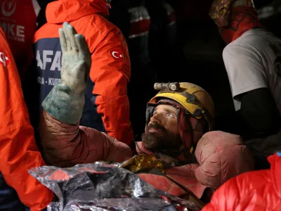 U.S. caver Mark Dickey, on a stretcher, is carried out of the Morca cave as his rescue operation comes to a successful end near Anamur in Mersin province, southern Turkey September 12, 2023. REUTERS/Umit Bektas