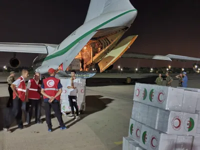 ALGIERS, ALGERIA - SEPTEMBER 11: Boxes of humanitarian aid prepared to be sent to quake-hit Morocco following a deadly earthquake that killed hundreds in the North African country, at Boufarik Air Base in Algiers, Algeria on September 11, 2023. Algeria and Morocco are regional rivals whose ties are strained over the disputed Western Sahara region. Fazil Abd Erahim / Anadolu AgencyNo Use USA No use UK No use Canada No use France No use Japan No use Italy No use Australia No use Spain No use Belgium No use Korea No use South Africa No use Hong Kong No use New Zealand No use Turkey