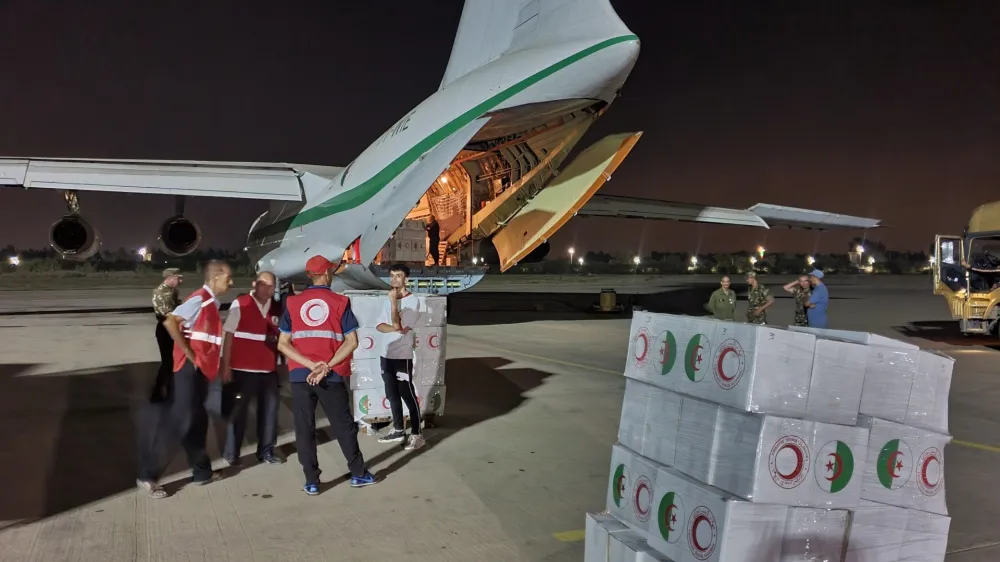 ALGIERS, ALGERIA - SEPTEMBER 11: Boxes of humanitarian aid prepared to be sent to quake-hit Morocco following a deadly earthquake that killed hundreds in the North African country, at Boufarik Air Base in Algiers, Algeria on September 11, 2023. Algeria and Morocco are regional rivals whose ties are strained over the disputed Western Sahara region. Fazil Abd Erahim / Anadolu AgencyNo Use USA No use UK No use Canada No use France No use Japan No use Italy No use Australia No use Spain No use Belgium No use Korea No use South Africa No use Hong Kong No use New Zealand No use Turkey