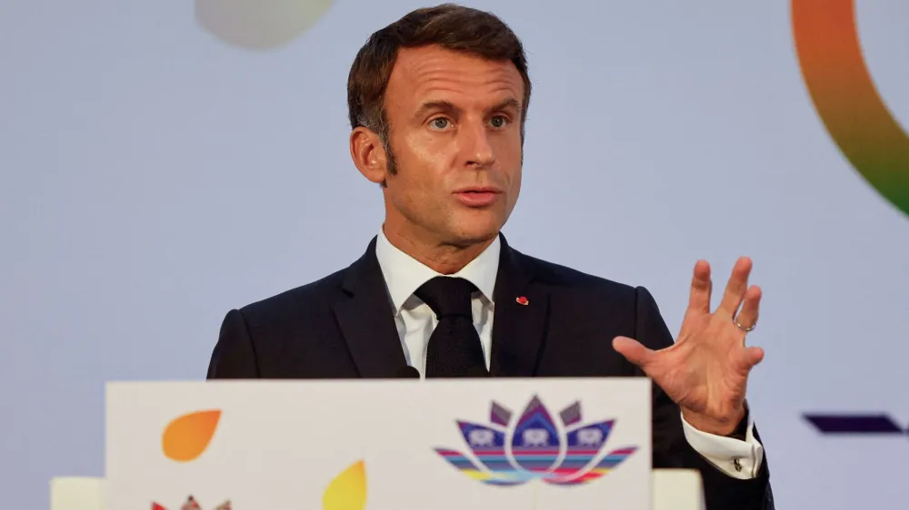 French President Emmanuel Macron attends a press conference, on the second day of the G20 summit in New Delhi, India, September 10, 2023. REUTERS/Amit Dave