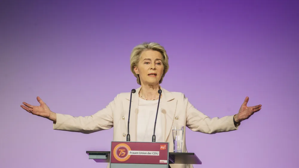 16 September 2023, Hesse, Hanau: Ursula von der Leyen, President of the European Commission, speaks at the 35th Federal Delegates' Conference of the Women's Union of the Christian Democratic Union of Germany (CDU) under the motto "From a women's perspective. Photo: Andreas Arnold/dpa