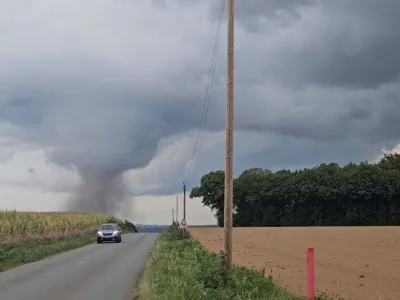 A view of a small tornado in Ernee, France, September 17, 2023 in this still image obtained from social media video. Jeremy Leroux/via REUTERS THIS IMAGE HAS BEEN SUPPLIED BY A THIRD PARTY. MANDATORY CREDIT. NO RESALES. NO ARCHIVES.