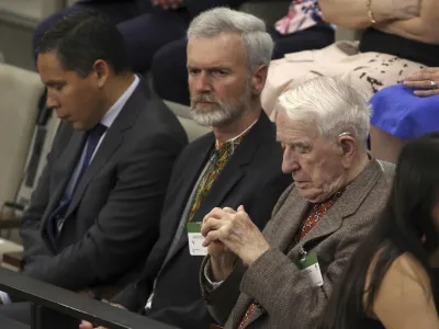 Yaroslav Hunka, right, waits for the arrival of Ukrainian President Volodymyr Zelenskyy in the House of Commons in Ottawa, Onatario on Friday, Sept. 22, 2023. The speaker of Canada's House of Commons apologized Sunday, Sept. 24, for recognizing Hunka, who fought for a Nazi military unit during World War II. Just after Zelenskyy delivered an address in the House of Commons on Friday, Canadian lawmakers gave the 98-year-old a standing ovation when Speaker Anthony Rota drew attention to him. (Patrick Doyle/The Canadian Press via AP)