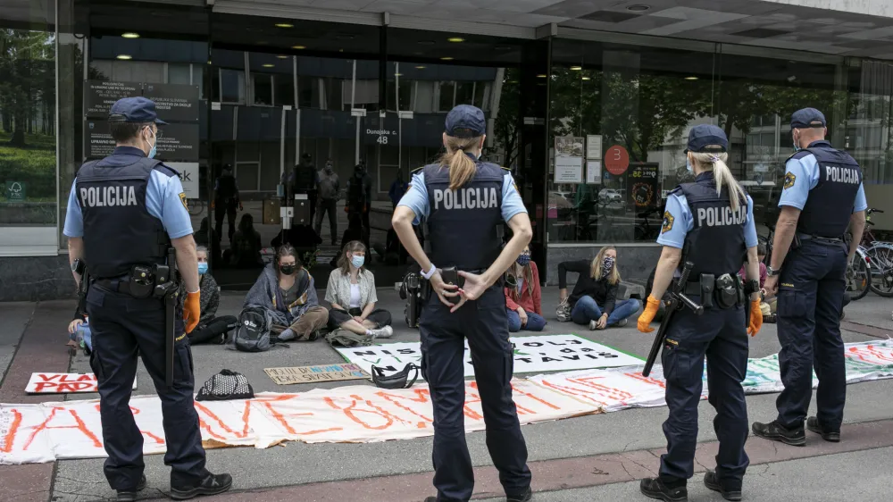 Štiri protestnike iz skupine, ki je maja 2020 protestirala pred ministrstvom za okolje, so policisti odnesli v marico in odpeljali. 