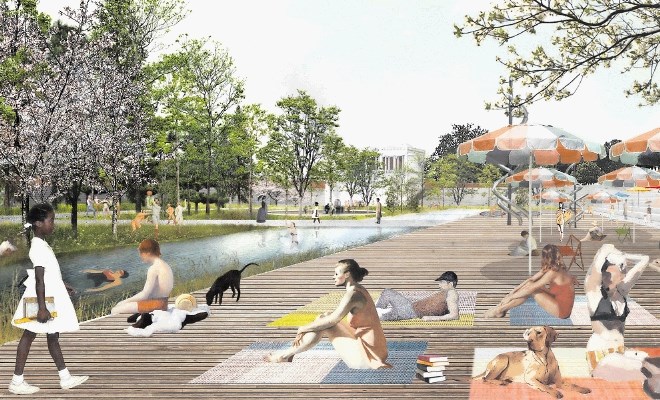 Mlada arhitektka si je znotraj novega parka zamislila tudi naravni bazen, ki bi povezal  novo mestno plažo in ozelenjen...