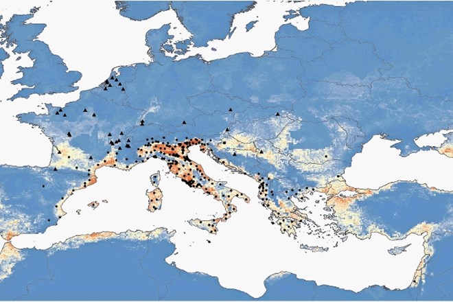 Razširjenost tigrastega komarja v Evropi. Vir: Moritz UG Kraemer et al: The global distribution of the arbovirus vectors...