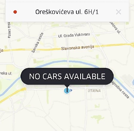Obvestilo o tem, da ni na voljo  nobenega vozila Uber.