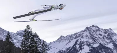 Anze Lanisek from Slovenia at the men's Ski Jumping World Cup event at the Gross-Titlis Schanze, in Engelberg, Switzerland, Saturday, Dec. 21, 2024. (Philipp Schmidli/Keystone via AP)