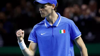 FILE PHOTO: Tennis - Davis Cup Finals - Final - Italy v Netherlands - Palacio de Deportes Jose Maria Martin Carpena Arena, Malaga, Spain - November 24, 2024  Italy's Jannik Sinner reacts during his singles match against Netherlands' Tallon Griekspoor REUTERS/Juan Medina/File Photo