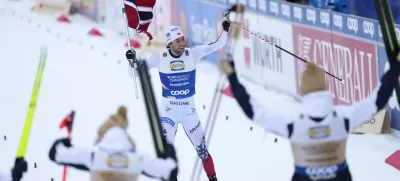 Jarl Magnus Riiber of Norway celebrates victory of his team in the Nordic Combined Mixed Team Normal Hill HS102/4x5km Cross-Country competition at the Nordic World Ski Championships in Trondheim, Norway, Friday, Feb. 28, 2025. (AP Photo/Matthias Schrader)