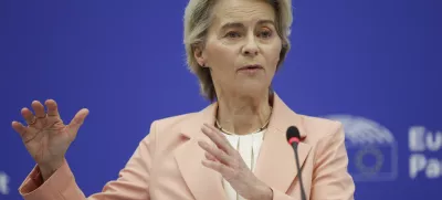 European Commission President Ursula von der Leyen presents her new team for her next five-year tenure at the head of the bloc, during a press conference at the European Parliament, Tuesday, Sept. 17, 2024, in Strasbourg. (AP Photo/Jean-Francois Badias)