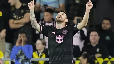 Oct 2, 2024; Columbus, OH, USA; Inter Miami CF forward Lionel Messi (10) celebrates his second of two goals during the first half of the MLS soccer game against the Columbus Crew at Lower.com Field. Mandatory Credit: Adam Cairns-USA TODAY Network via Imagn Images