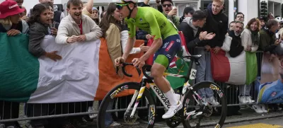 Slovenia's Tadej Pogacar attacks during the Men Elite road race of the Cycling and Para-cycling Road World Championships in Zurich, Switzerland, Sunday, Sept. 29, 2024. (AP Photo/Peter Dejong)