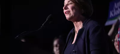 Sen. Amy Klobuchar speaks at the DFL election night watch party, Tuesday, Nov. 5, 2024, in St. Paul, Minn. (AP Photo/Abbie Parr)