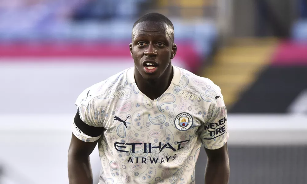 FILE - Manchester City's Benjamin Mendy during the English Premier League soccer match between Leicester City and Manchester City in Leicester, England, Saturday, April 3, 2021. (AP Photo/Rui Vieira, Pool, File)