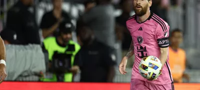 Nov 9, 2024; Fort Lauderdale, Florida, USA; Inter Miami FC forward Lionel Messi (10) plays the ball in the first half against the Atlanta United FC in a 2024 MLS Cup Playoffs Round One match at Chase Stadium. Mandatory Credit: Nathan Ray Seebeck-Imagn Images