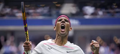 Rafael Nadal, of Spain, celebrates after winning a point against Frances Tiafoe, of the United States, during the fourth round of the U.S. Open tennis championships, Monday, Sept. 5, 2022, in New York. (AP Photo/Eduardo Munoz Alvarez)