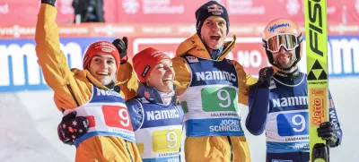 22 November 2024, Norway, Lillehammer: (L-R) Germany's Selina Freitag, Katharina Schmid, Andreas Wellinger and Pius Paschke celebrate wining the mixed team competition of the FIS Ski Jumping World Cup Mixed at the Lysgardsbakken. Photo: Geir Olsen/NTB/dpa